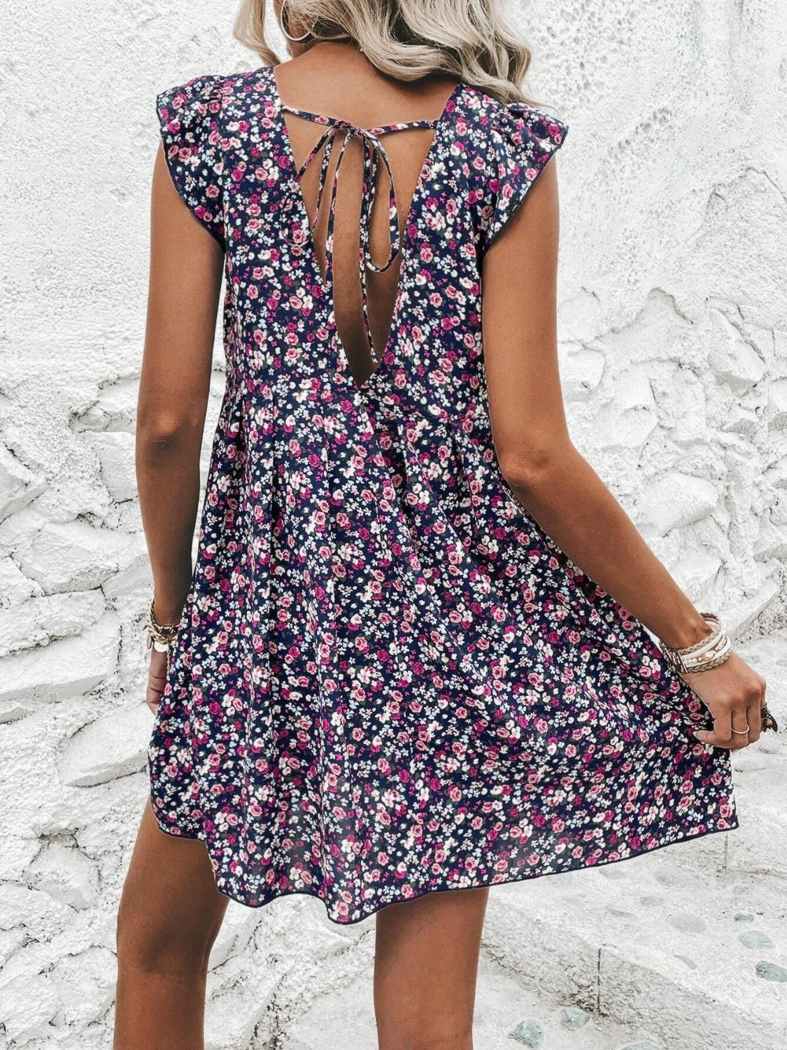 Printed V-Neck Cap Sleeve Mini Dress