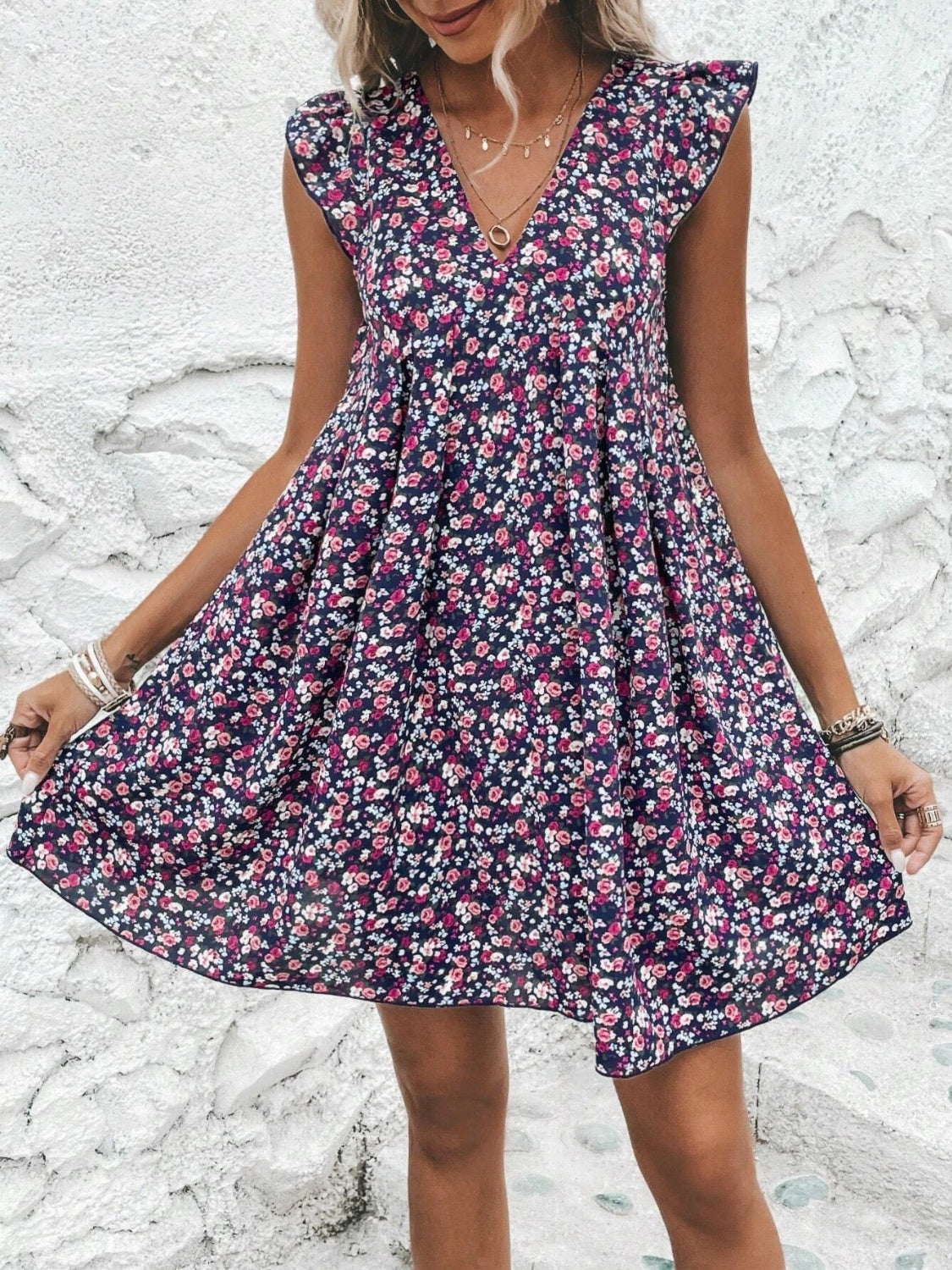 Printed V-Neck Cap Sleeve Mini Dress