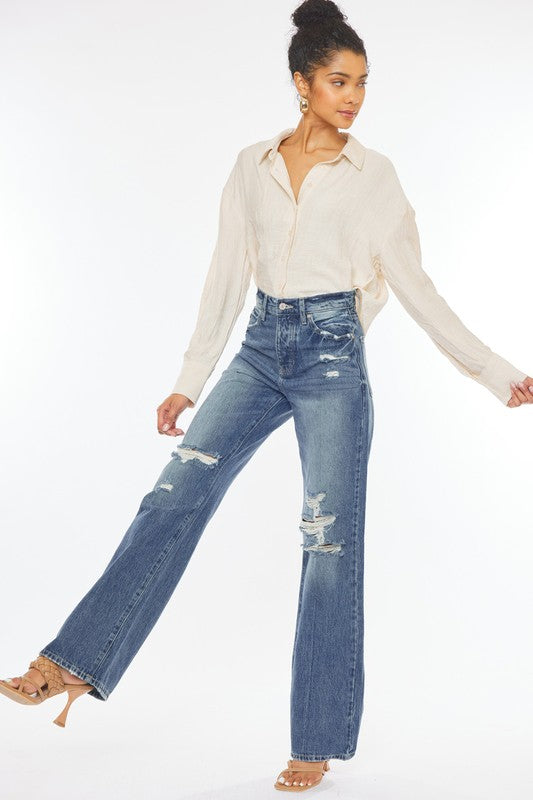 Ultra High Rise Distressed Nineties Flare Jeans