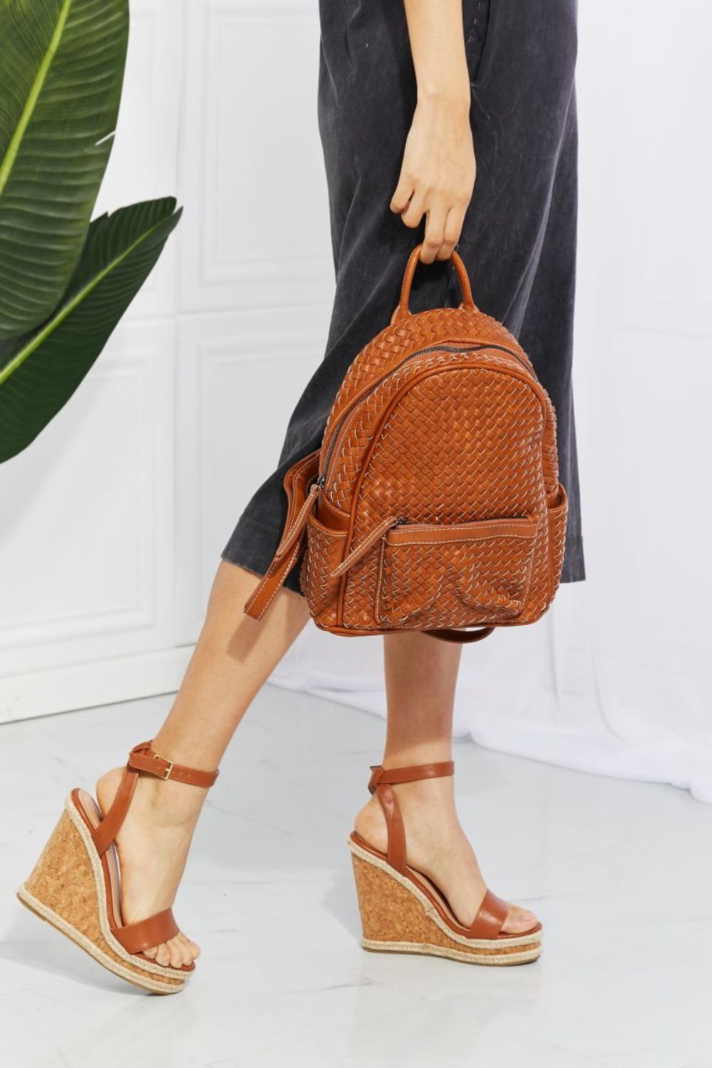 Woven Faux Leather Backpack